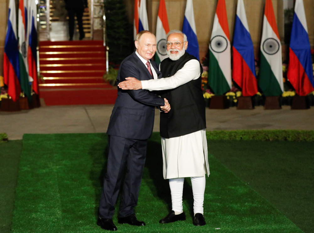 Russiau00e2u20acu2122s President Vladimir Putin shakes hands with Indiau00e2u20acu2122s Prime Minister Narendra Modi ahead of their meeting at Hyderabad House in New Delhi December 6, 2021. u00e2u20acu201d Reuters pic