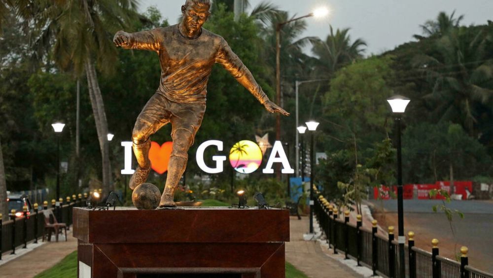The newly installed statue of Portuguese footballer Cristiano Ronaldo in Calangute. u00e2u20acu201d AFP pic