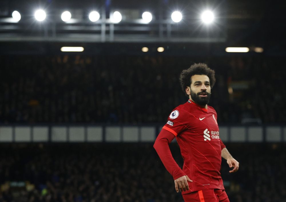 nLiverpool's Mohamed Salah celebrates scoring their third goal against Everton at Goodison Park, Liverpool December 1, 2021. u00e2u20acu201d Reuters picn