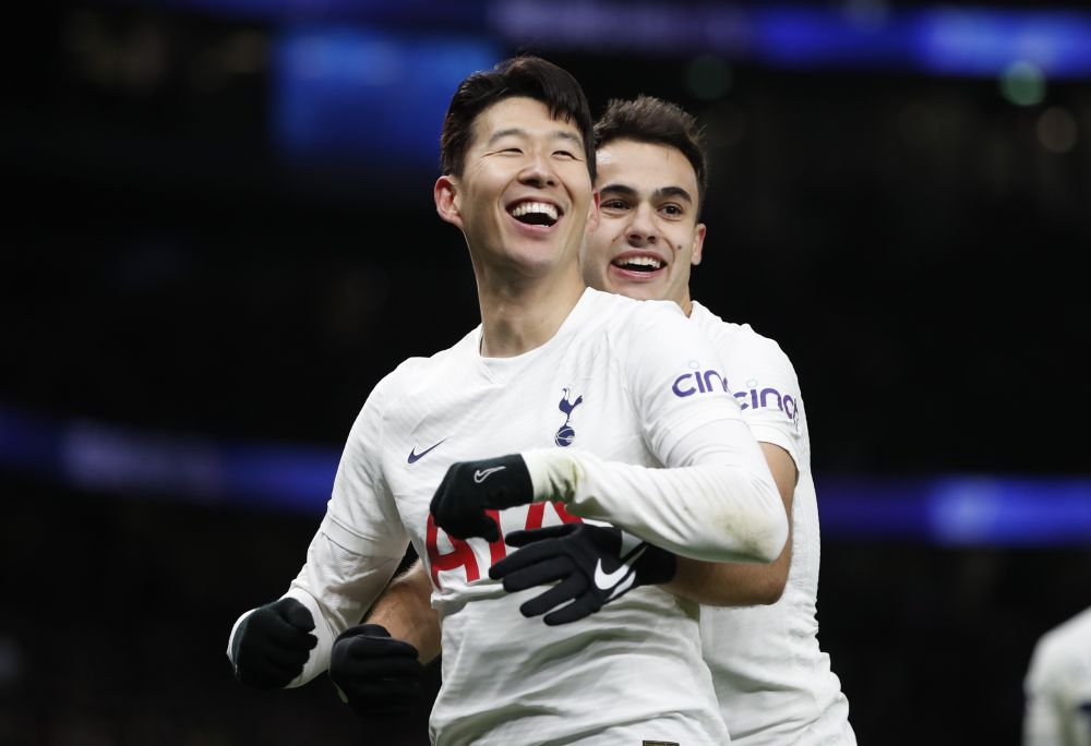 Tottenham Hotspur's Son Heung-min celebrates scoring their second goal against Brentford with Sergio Reguilon at the Tottenham Hotspur Stadium, Tottenham December 2, 2021. u00e2u20acu201d Reuters picn