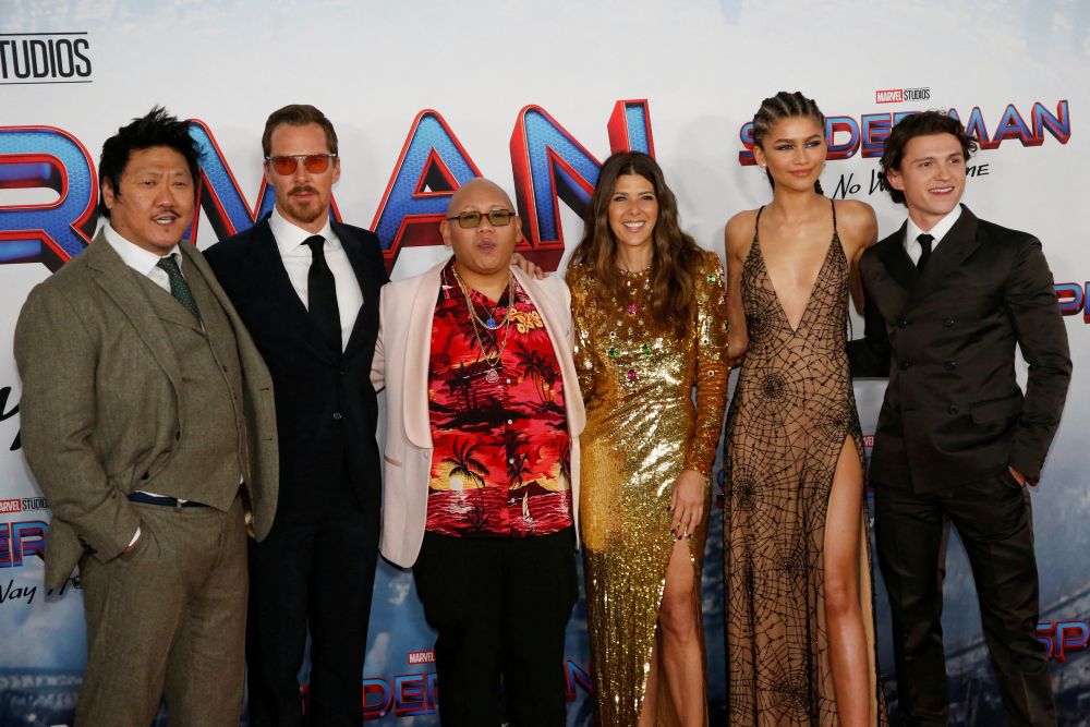 Cast members Benedict Wong, Benedict Cumberbatch, Jacob Batalon, Marisa Tomei, Zendaya and Tom Holland pose for a photograph at the premiere of u00e2u20acu02dcSpider-Man: No Way Homeu00e2u20acu2122 in Los Angeles December 13, 2021. u00e2u20acu201d Reuters pic