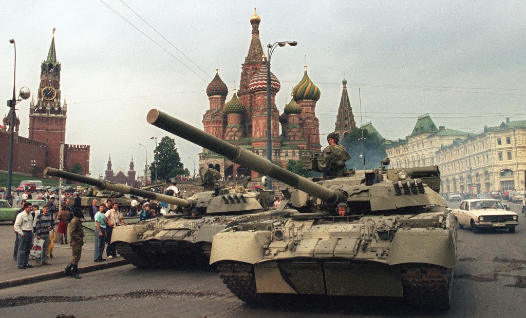 File picture of August 19, 1991, Soviet Army tanks parked near Spassky gate (left), an entrance to the Kremlin and Basilu00e2u20acu2122s Cathedral in Moscowu00e2u20acu2122s Red Square after a coup toppled Soviet President Mikhail Gorbachev. u00e2u20acu201d AFP pic