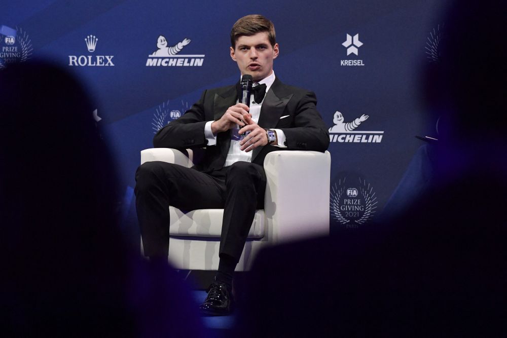 2021 FIA Formula One World Champion Red Bull's Dutch driver Max Verstappen speaks during the FIA Prize Giving 2021 gala in Paris December 16, 2021. u00e2u20acu201d AFP picnn