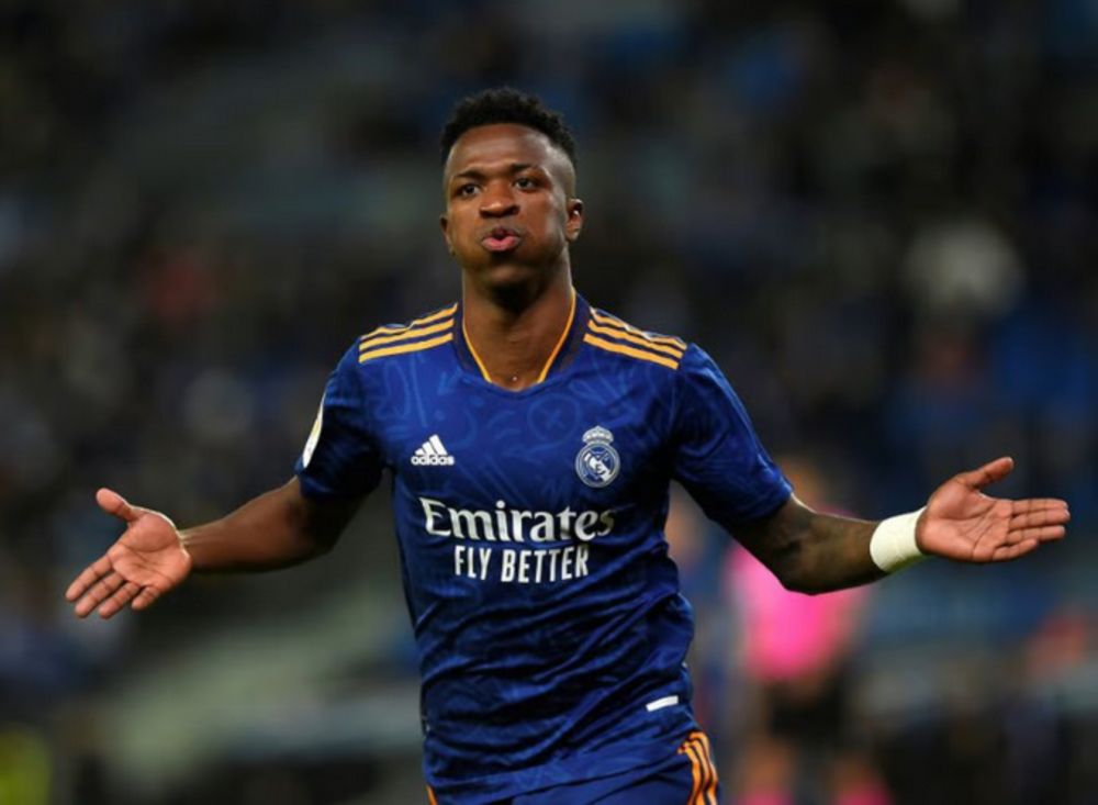 Real Madridu00e2u20acu2122s Vinicius Jr celebrates after scoring his teamu00e2u20acu2122s first goal during the Spanish League match between Real Sociedad and Real Madrid CF at the Anoeta Stadium in San Sebastian, December 4, 2021. u00e2u20acu201d AFP pic