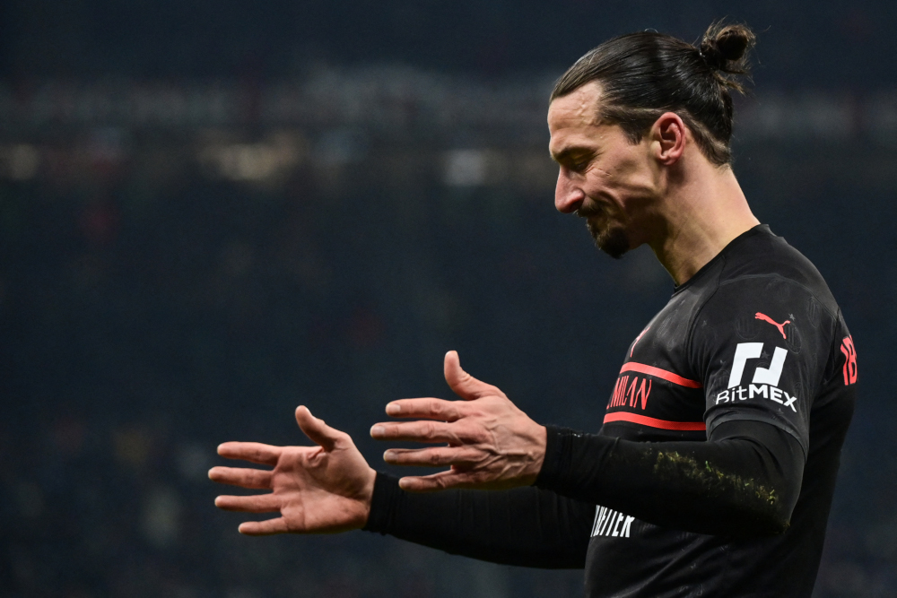 AC Milan forward Zlatan Ibrahimovic reacts during the Italian Serie A football match between AC Milan and Napoli, December 19, 2021 at the San Siro stadium in Milan. u00e2u20acu201d AFP pic 