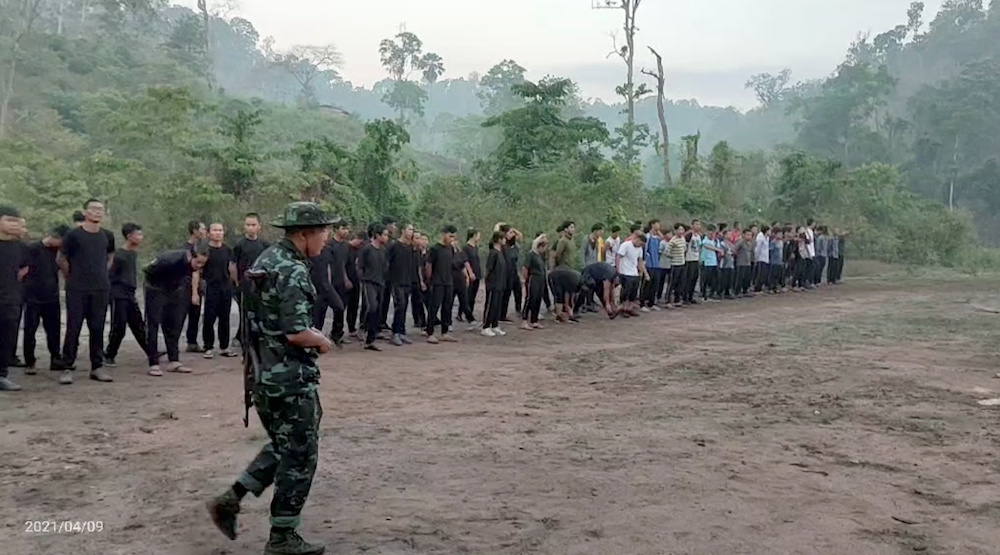 Protesters join militia members to attend a training led by Karen National Union (KNU in Karen State, Myanmar April 9, 2021 in this still image obtained by Reuters from a video on April 26, 2021.u00e2u20acu201d Picture via Reuters