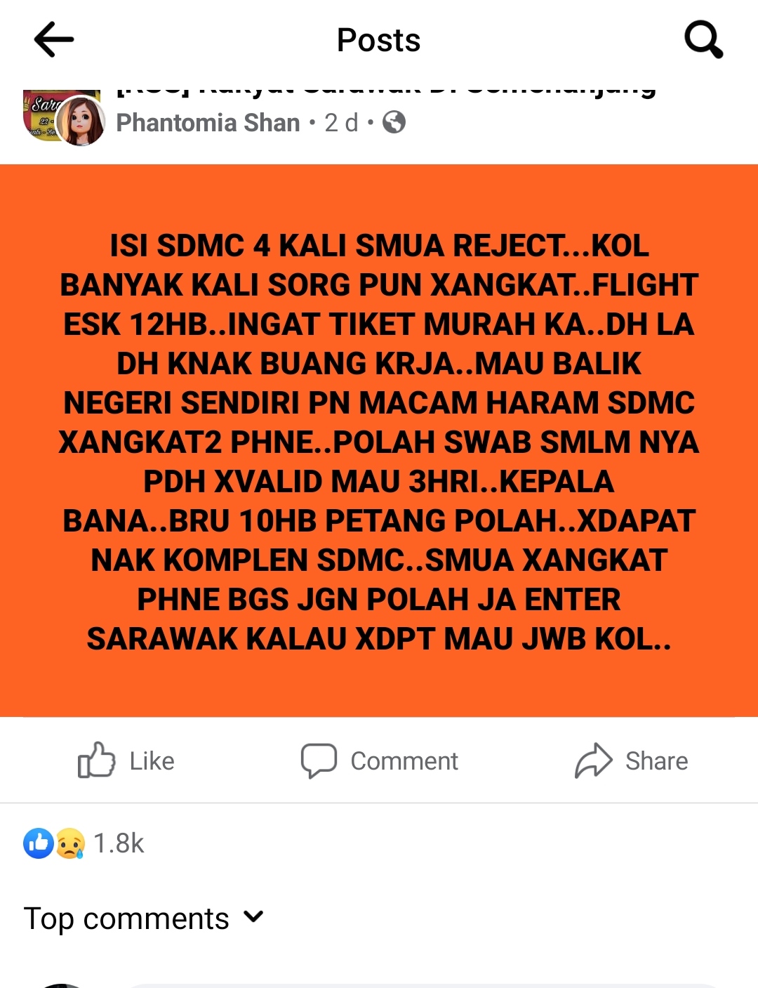 Phantomia Shan shared a Facebook post two days ago, venting her frustrations at being unable to return to her home state after losing her job in KL.