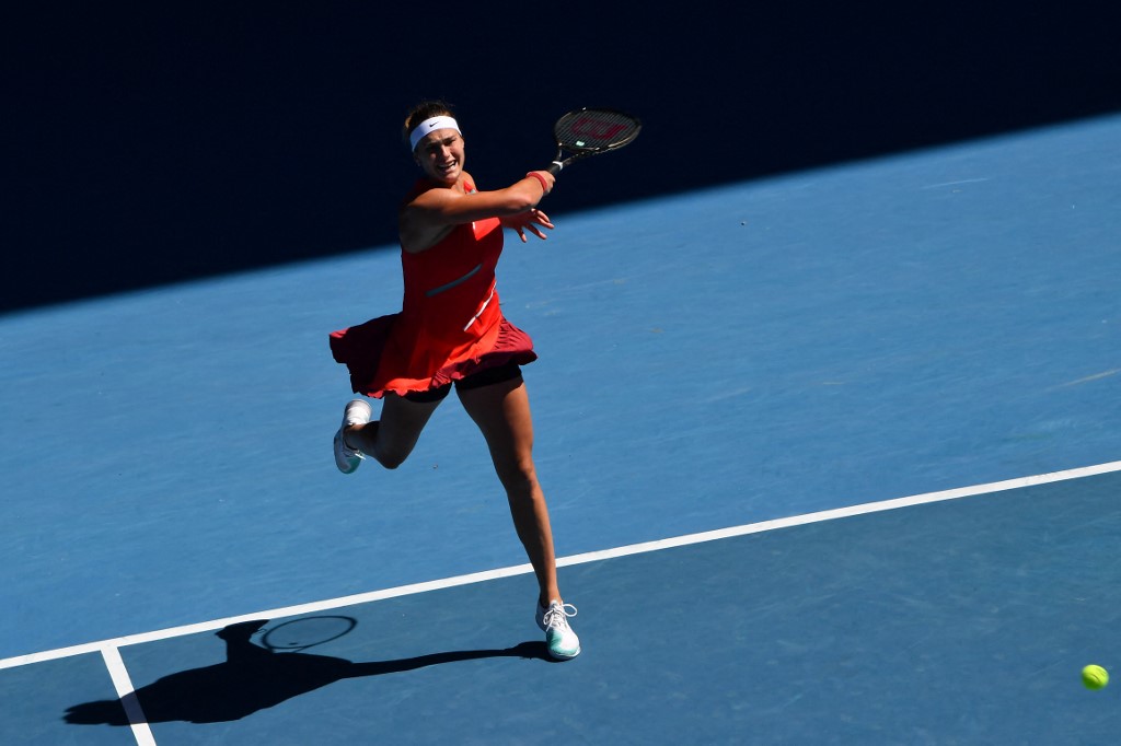 Belarusu00e2u20acu2122 Aryna Sabalenka hits a return against Czech Republicu00e2u20acu2122s Marketa Vondrousova during their womenu00e2u20acu2122s singles match on day six of the Australian Open tennis tournament in Melbourne on January 22, 2022. u00e2u20acu201d AFP pic