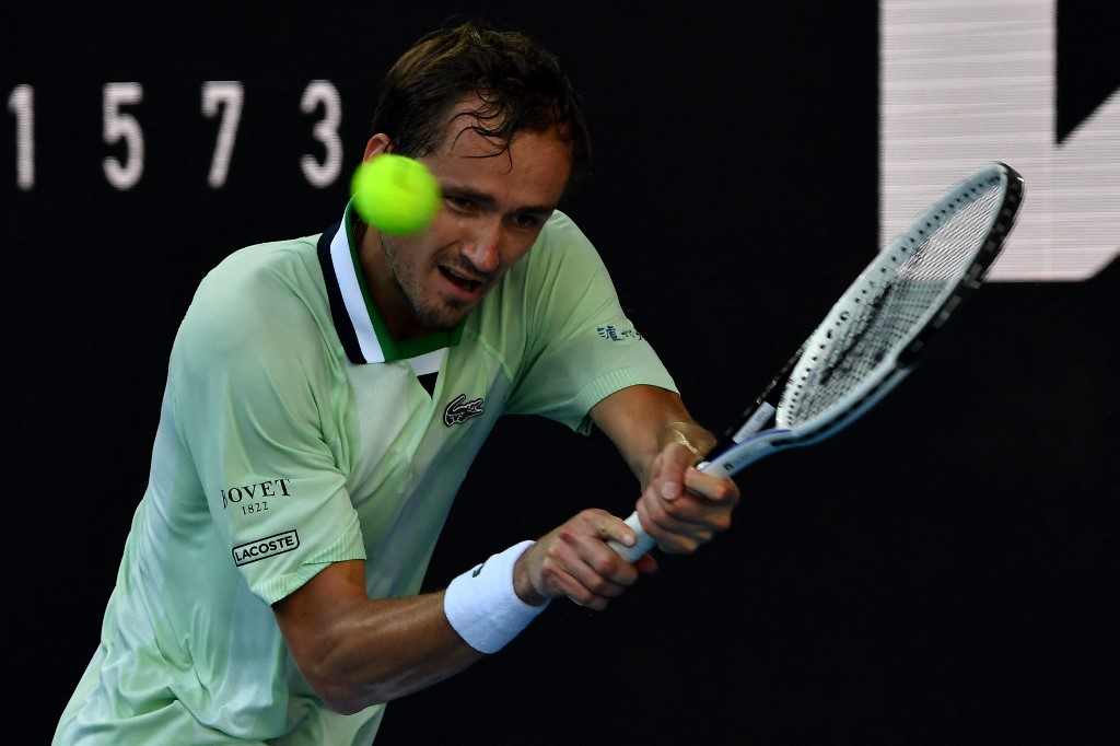Russiau00e2u20acu2122s Daniil Medvedev hits a return against Netherlandsu00e2u20acu2122 Botic Van de Zandschulp during their menu00e2u20acu2122s singles match on day six of the Australian Open in Melbourne, January 22, 2022. u00e2u20acu201d AFP pic