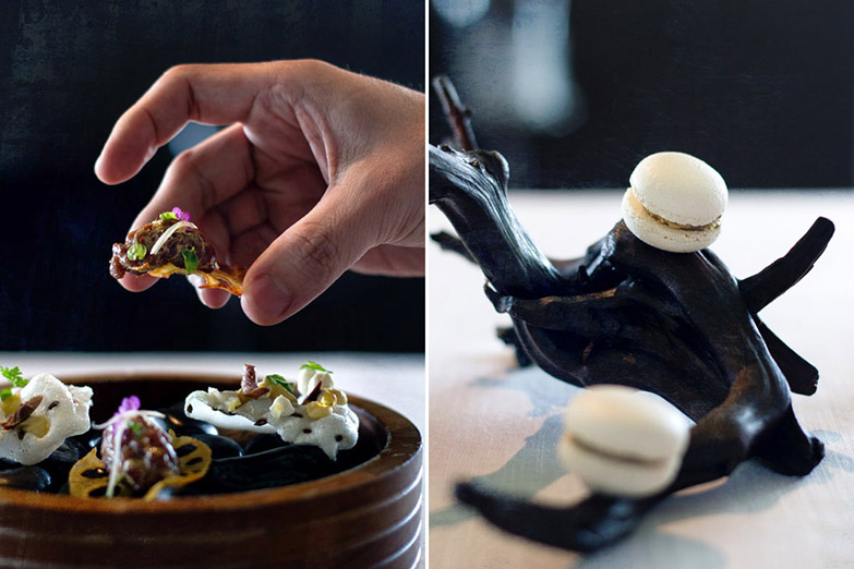 A trinity of starters, including truffle and 'foie gras' macarons.