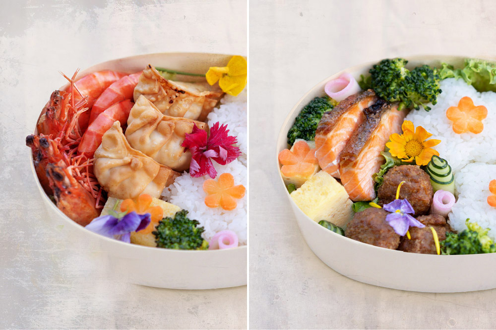 Tiger Prawn & Gyoza CNY Bento (left). Salmon & Tori Tsukune CNY Bento (right). — Picture courtesy of Hinode Bento