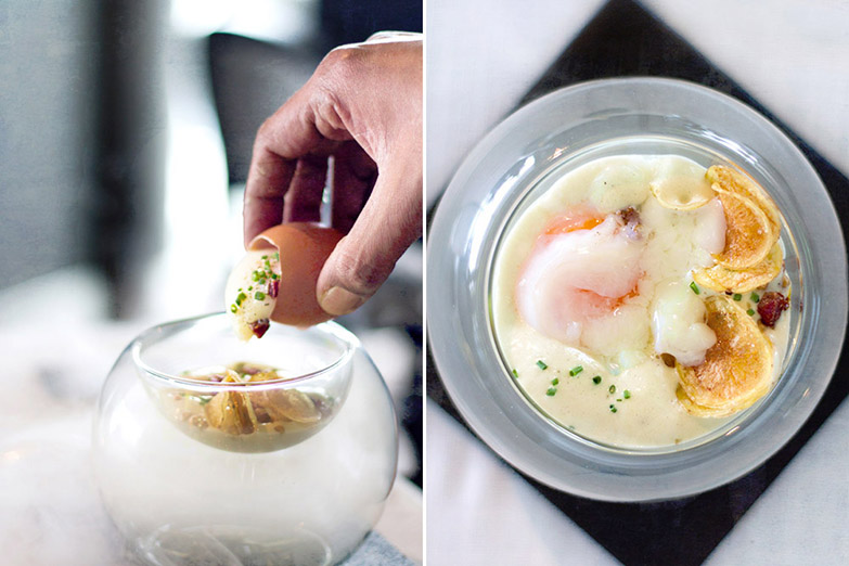 Slow cooked 64°C organic chicken egg added to buttery mash, 'chorizo iberico' and buckwheat chips.