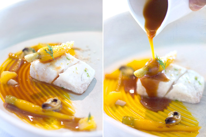 Wild snapper confit drizzled with a reduced consommé made from the bones of the snapper.