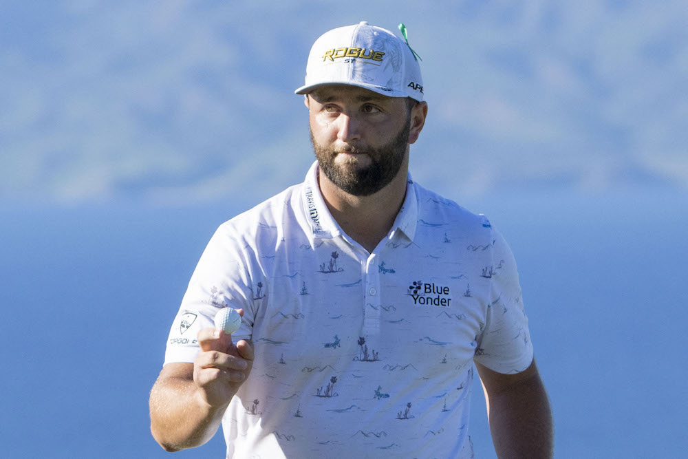 Jon Rahm acknowledges the crowd after making his putt on the 14th hole at the Sentry Tournament of Champions golf tournament in Maui, Hawaii January 8, 2022. u00e2u20acu201d Kyle  Terada-USA TODAY Sports pic