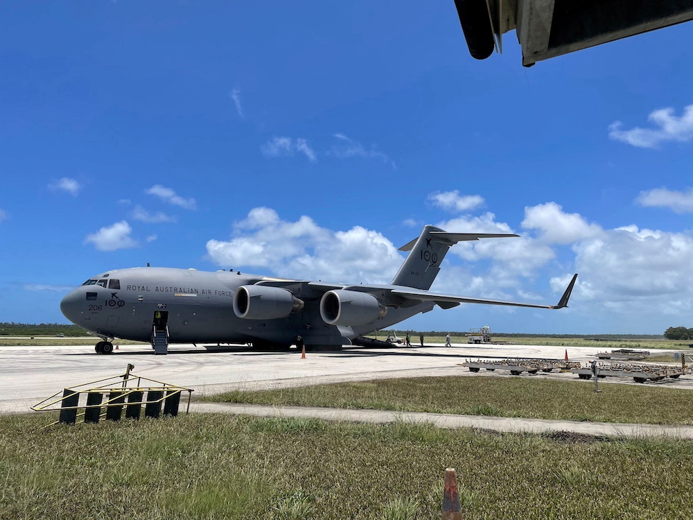 A Royal Australian Air Force C-17A Globemaster III aircraft delivers the first load of Australian Aid at Tonga's Fua'Amotu international airport January 20, 2022. u00e2u20acu201d Australian Department of Defence handout via Reuters