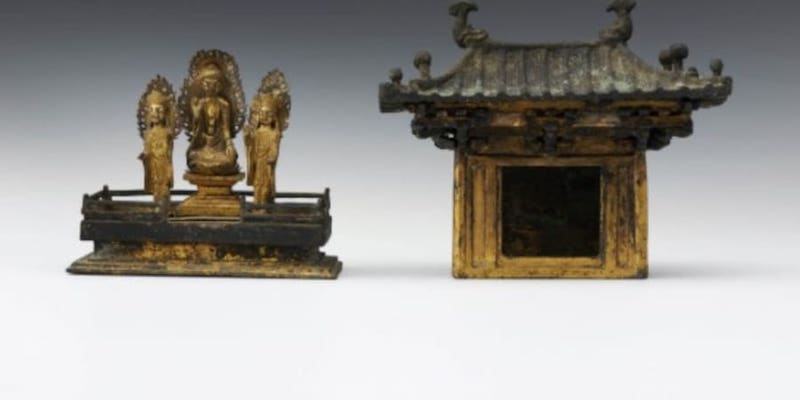 The Kansong Art Museum will soon auction a gilded bronze shrine, dating from the 11th century, representing a triad of Buddhas. u00e2u20acu201d Picture courtesy of K Auction via ETX Studio