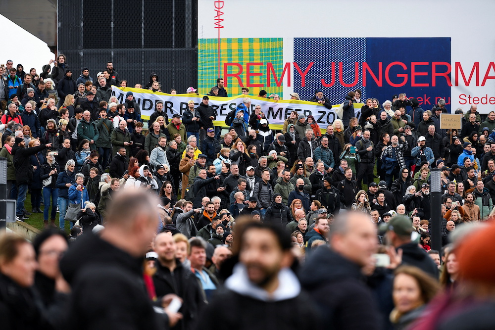 Opponents of restrictions imposed in the Netherlands to contain the spread of Covid-19 protest despite a ban by local authorities, in Amsterdam, Netherlands, January 2, 2022. u00e2u20acu201d Reuters pic