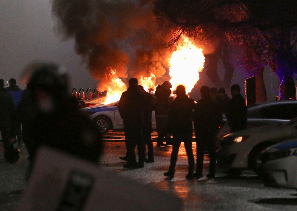 A view shows a burning police car during a protest against LPG cost rise following the Kazakh authoritiesu00e2u20acu2122 decision to lift price caps on liquefied petroleum gas in Almaty, Kazakhstan January 5, 2022. u00e2u20acu201d Reuters pic