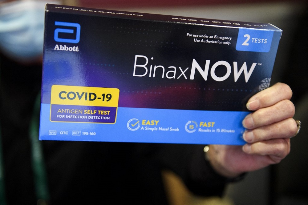 An Abbott BinaxNOW Covid-19 antigen self test is displayed for a photograph before being distributed to conference attendees ahead of the Consumer Electronics Show at Harry Reid International Airport in Las Vegas, California January 2, 2022. u00e2u20acu201d AFP pic