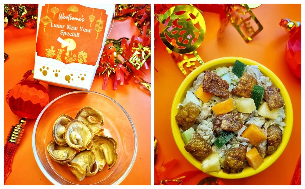 Woofsome Meals’ Pawtune Cookies (left) and Prosperity Peking Duck. — Pictures via Instagram/Woofsome Meals