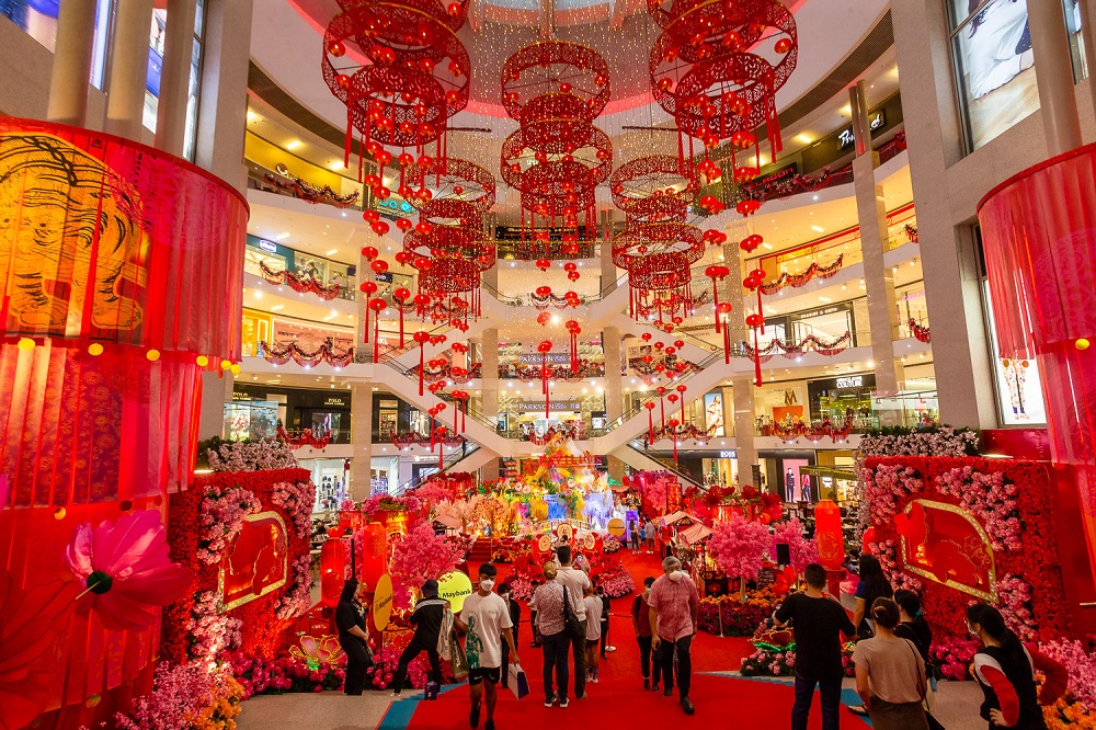 Pavilion KL does not disappoint with its vibrant decoration and a Paper Art Garden in the centre featuring the five elemental tigers. u00e2u20acu201d Picture by Devan Manuel