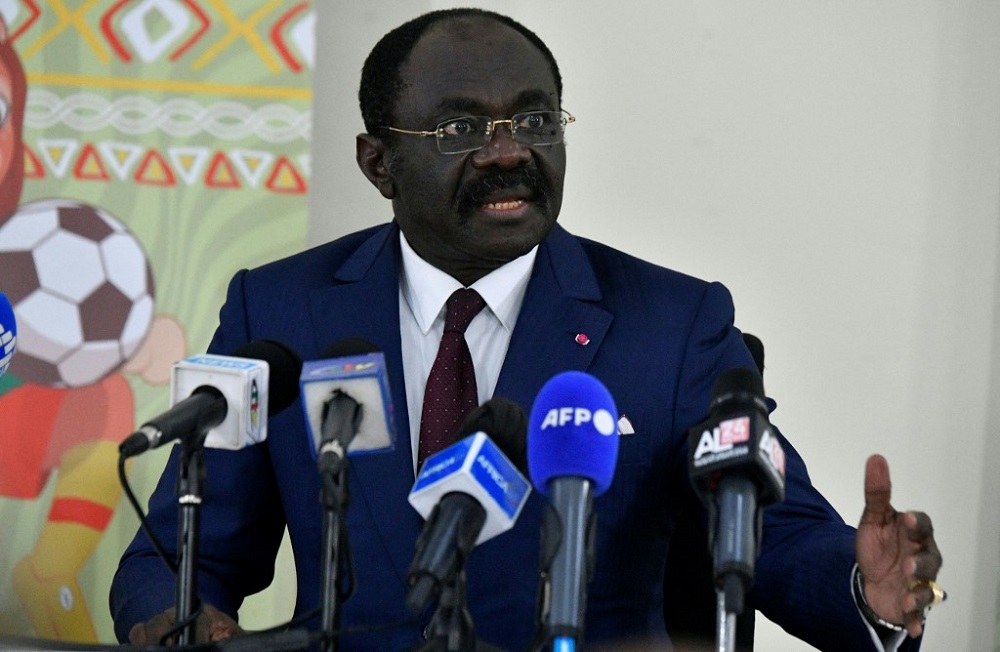 Cameroonu00e2u20acu2122s Sports Minister Narcisse Mouelle Kombi speaks the press in Douala on January 29, 2022. u00e2u20acu201d AFP pic