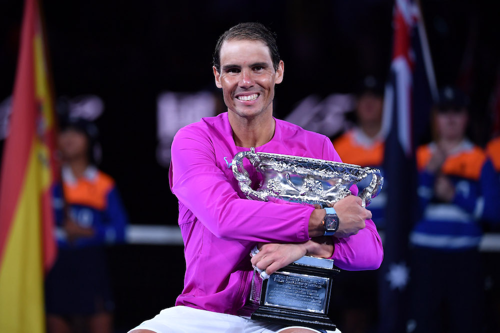 Rafa Nadal is seen with the Australian Open trophy after winning the menu00e2u20acu2122s singles final at Melbourne Park, Melbourne 30 January 2022. u00e2u20acu201d Panoramic via Reuters picnn