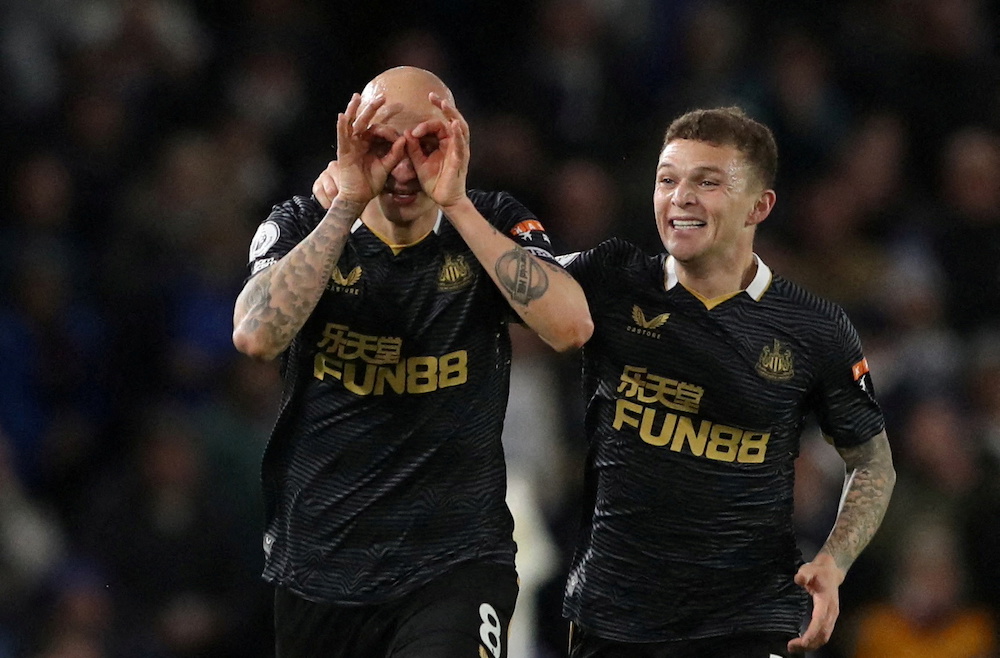 Newcastle United's Jonjo Shelvey celebrates scoring their first goal with Kieran Trippier, January 22, 2022. u00e2u20acu201d Reuters pic 