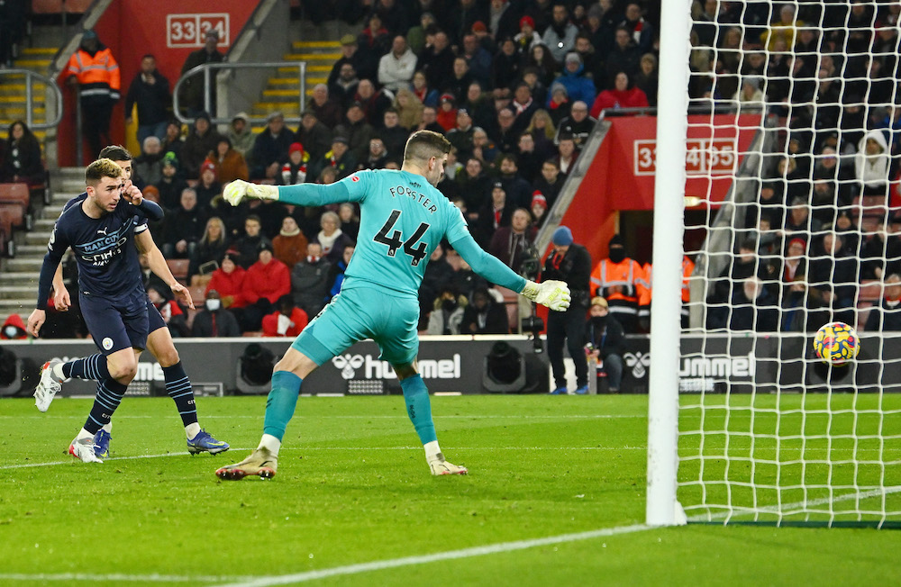 Manchester City's Aymeric Laporte scores their first goal, Southampton January 22, 2022. u00e2u20acu201d Reuters pic