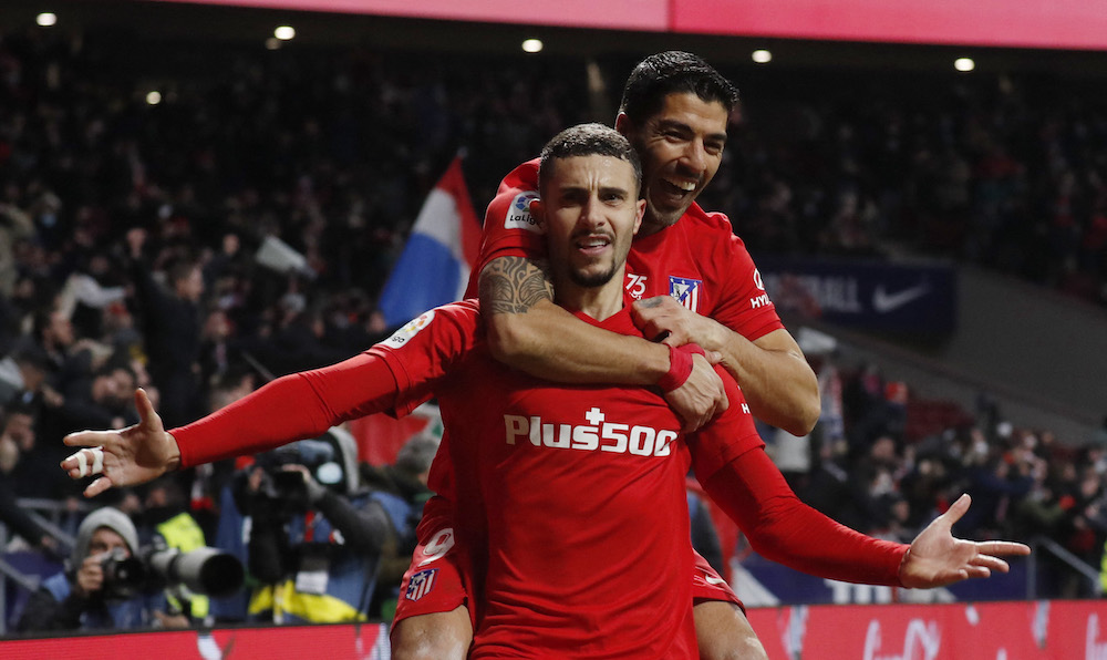 Atletico Madrid's Mario Hermoso celebrates scoring their third goal with Luis Suarez, Spain January 22, 2022. u00e2u20acu201d Reuters pic 