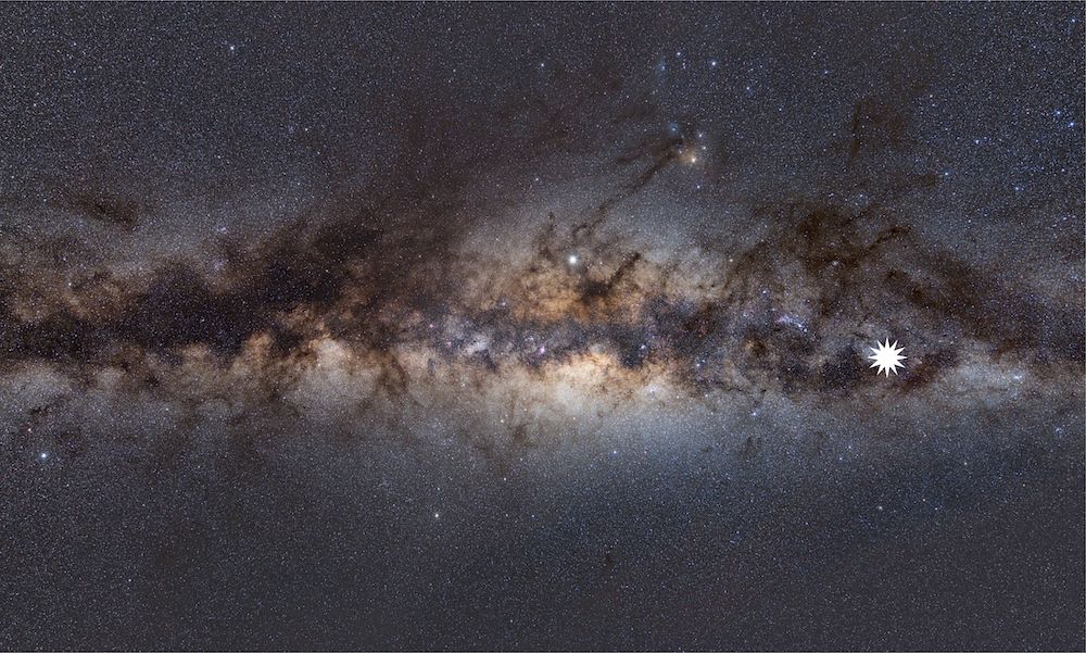 This undated image shows the Milky Way as viewed from Earth, with a star icon (at R-placed by source) marking the position of a mysterious repeating transient in space. u00e2u20acu201d Picture courtesy of Natasha Hurley-Walker / International Centre For Radio Astrono
