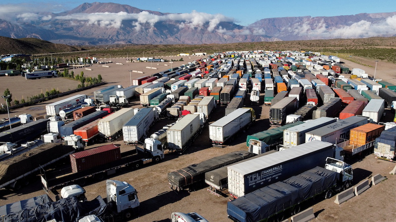 Parked trucks are pictured during a protest against new Chilean entry protocols to the country, that demand all drivers test negative for Covid-19, at the Argentine border with Chile, in Uspallata, Mendoza, Argentina January 28, 2022. u00e2u20acu201d Reuters pic