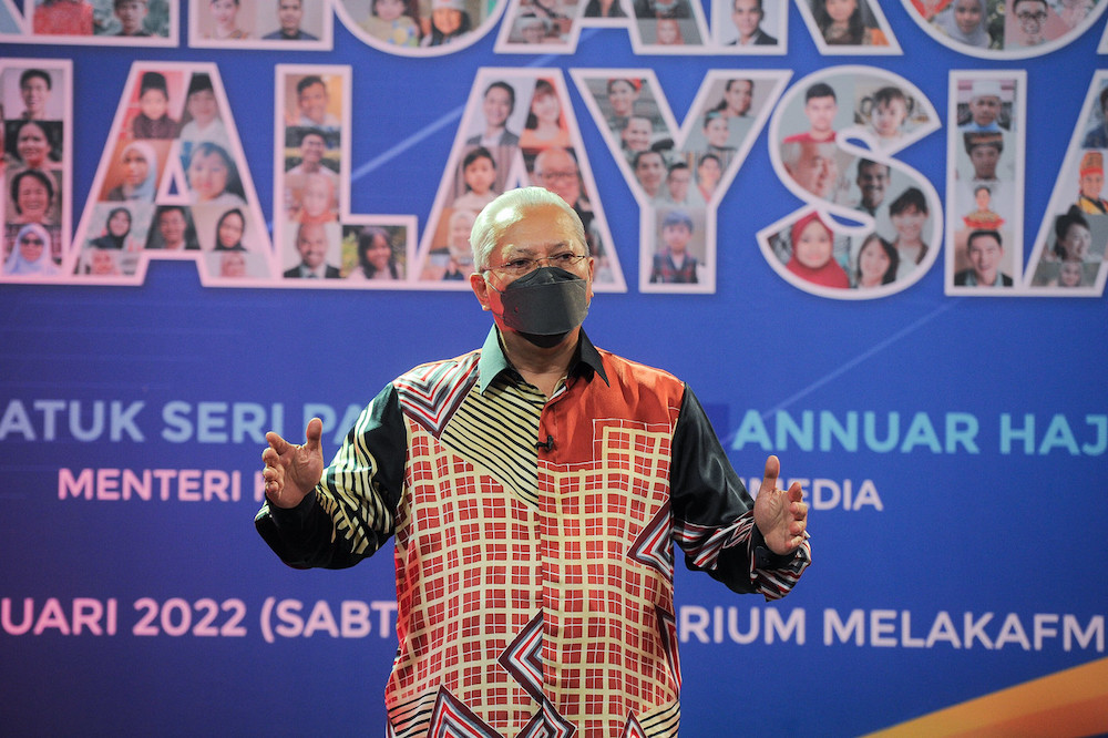 Communications and Multimedia minister Tan Sri Annuar Musa speaks during the Bicara Keluarga Malaysia programme at RTM in Melaka January 29, 2022. u00e2u20acu201d Bernama pic