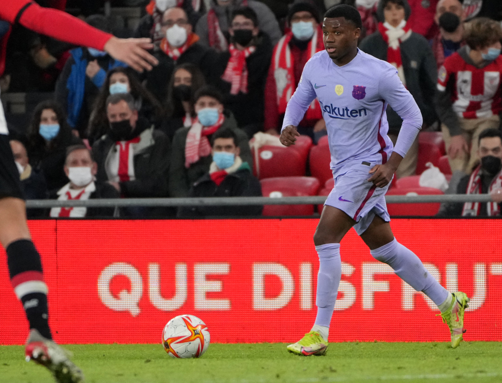 Barcelona forward Ansu Fati controls the ball during the Copa del Rey round of 16 first leg football match between Athletic Club Bilbao and FC Barcelona at the San Mames stadium in Bilbao, January 20, 2022. u00e2u20acu201d AFP pic 