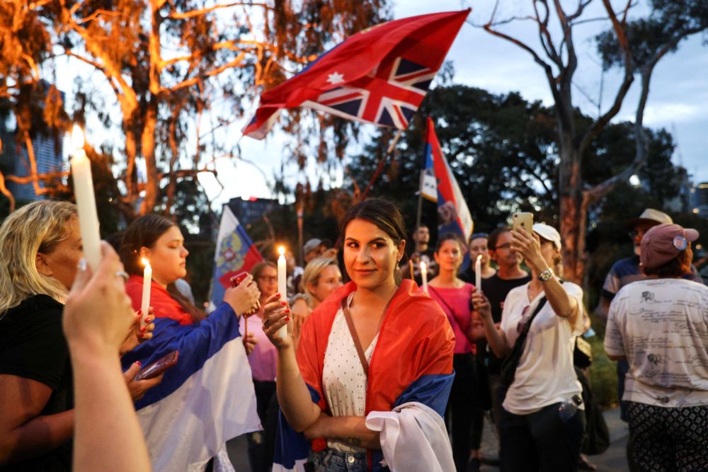 Jelena Stankovic, a supporter of Serbian tennis player Novak Djokovic, rallies with fellow fans outside the Park Hotel, where the star athlete is believed to be held while he stays in Australia, in Melbourne, Australia, January 6, 2022. u00e2u20acu201d Reuters pic