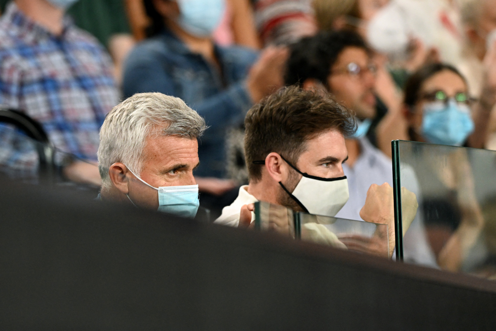 Apostolos Tsitsipas (left), father of Greeceu00e2u20acu2122s Stefanos Tsitsipas, watches his son play in the menu00e2u20acu2122s singles semi-final match against Russiau00e2u20acu2122s Daniil Medvedev on day twelve of the Australian Open tennis tournament in Melbourne, January 28, 2022. u00e2u20acu201d