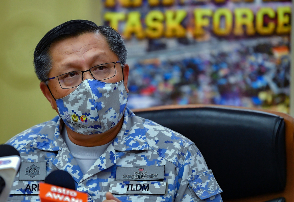 NTF commander Vice Admiral Datuk Aris Adi Tan Abdullah speaks at a press conference at Wisma Bapa Malaysia in Kuching, January 20, 2022. u00e2u20acu201d Bernama pic 