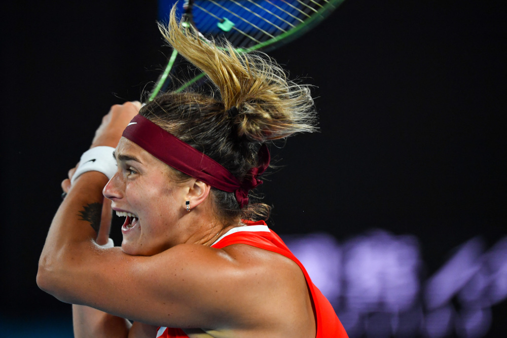 Belarusu00e2u20acu2122 Aryna Sabalenka hits a return against Australiau00e2u20acu2122s Storm Sanders during their womenu00e2u20acu2122s singles match on day two of the Australian Open tennis tournament in Melbourne, January 18, 2022. u00e2u20acu201d AFP picnn