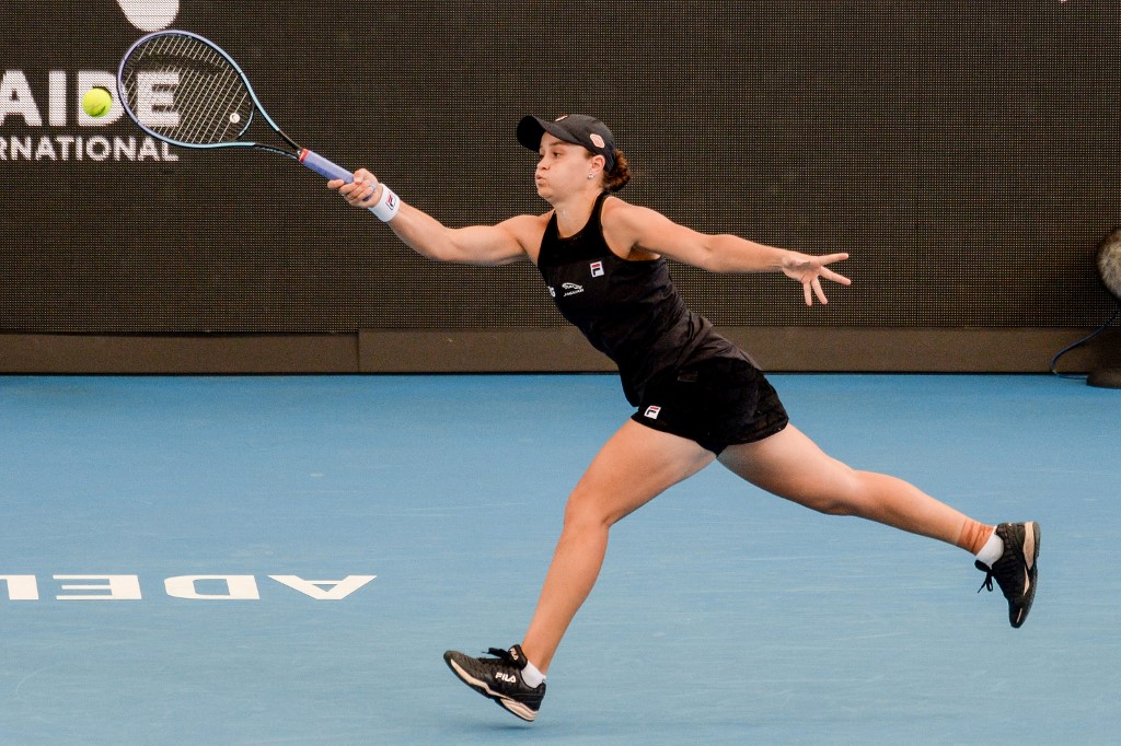 Ashleigh Barty of Australia hits a return against Elena Rybakina of Kazakhstan during their womenu00e2u20acu2122s singles final match at the WTA Adelaide  tournament in Adelaide on January 9, 2022. u00e2u20acu201d AFP pic