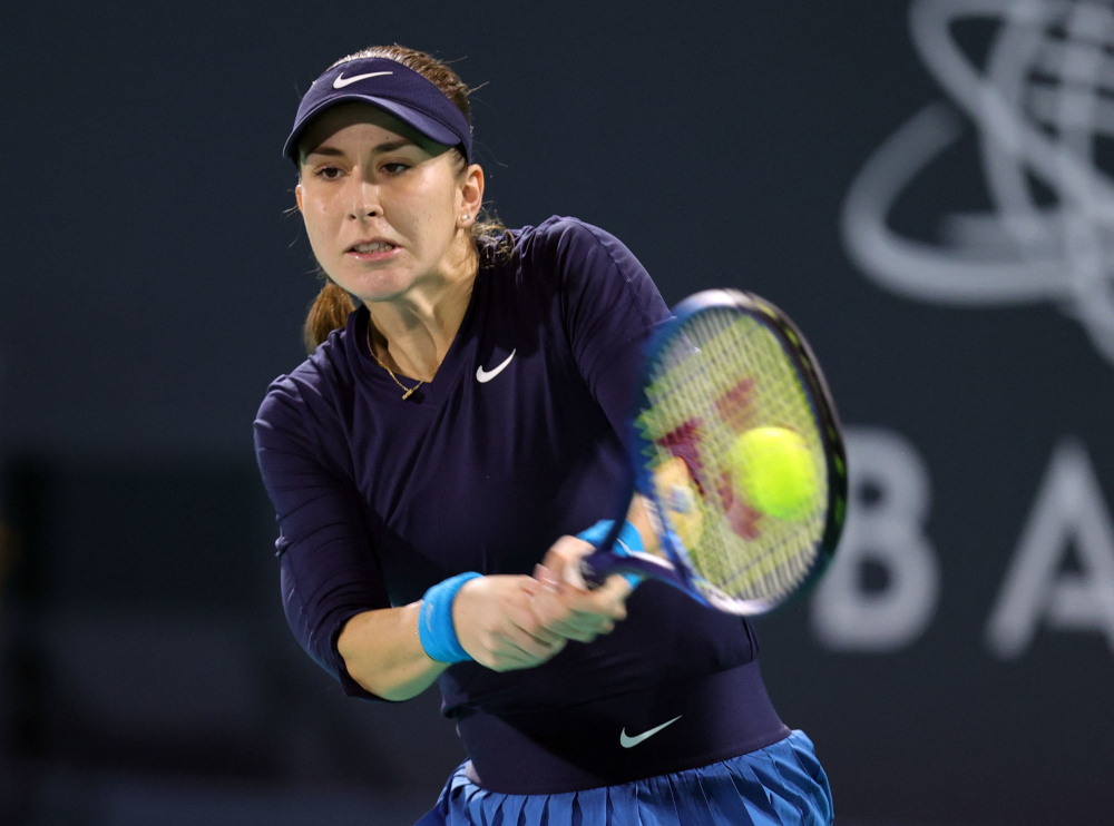 Switzerlandu00e2u20acu2122s Belinda Bencic in action during her match against Tunisiau00e2u20acu2122s Ons Jabeur at the Mubadala World Tennis Championship in Abu Dhabi, United Arab Emirates, December 16, 2021. u00e2u20acu201d Reuters pic 