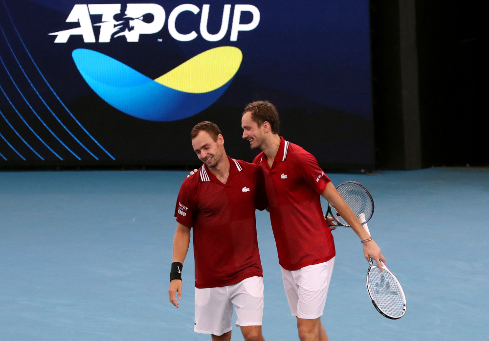Russiau00e2u20acu2122s Daniil Medvedev and Roman Safiullin celebrate winning their group stage doubles match against Italyu00e2u20acu2122s Matteo Berrettini and Jannik Sinner at Sydney Olympic Park, Sydney, Australia, January 6, 2022. u00e2u20acu201d Reuters pic 