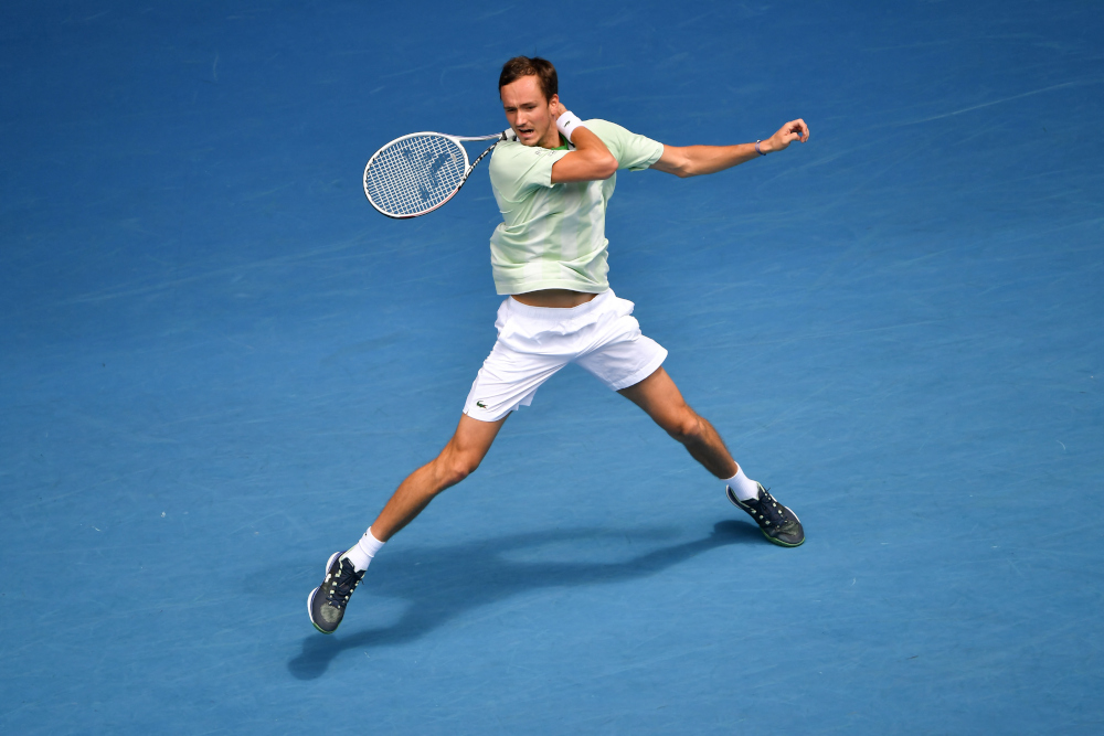 Russiau00e2u20acu2122s Daniil Medvedev hits a return against Switzerlandu00e2u20acu2122s Henri Laaksonen during their menu00e2u20acu2122s singles match on day two of the Australian Open tennis tournament in Melbourne, January 18, 2022. u00e2u20acu201d AFP pic 