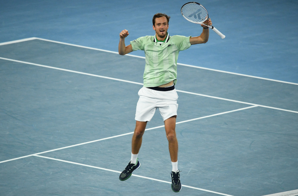 Russiau00e2u20acu2122s Daniil Medvedev reacts after winning the fourth set against Canadau00e2u20acu2122s Felix Auger-Aliassime during their menu00e2u20acu2122s singles quarter-final match on day ten of the Australian Open tennis tournament in Melbourne, January 26, 2022. u00e2u20acu201d AFP picnn