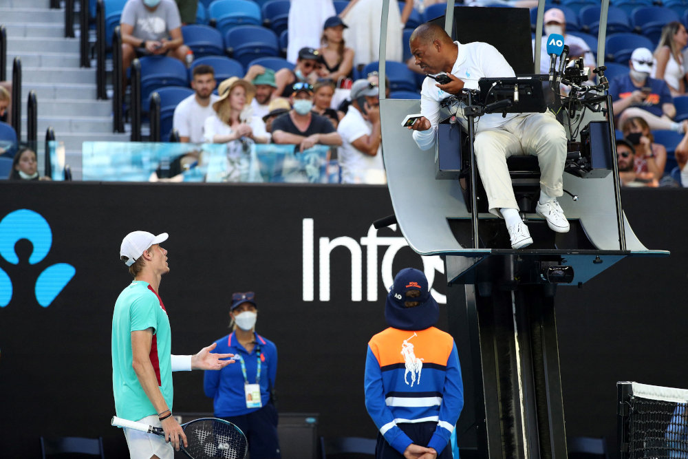Canadau00e2u20acu2122s Denis Shapovalov speaks with the umpire while playing against Spainu00e2u20acu2122s Rafael Nadal during their menu00e2u20acu2122s singles quarter-final match on day nine of the Australian Open tennis tournament in Melbourne, January 25, 2022. u00e2u20acu201d AFP pic 