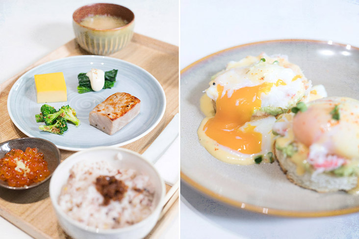 The 'ichiju sansai' accompaniments include multi-grain rice, onsen egg and miso soup (left). Snow Crab & Avocado Benedict (right).