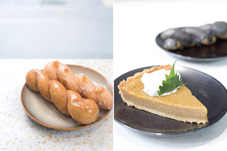 Sweet Soy Doughnut Twist (left). Sweet Potato Tart (right).
