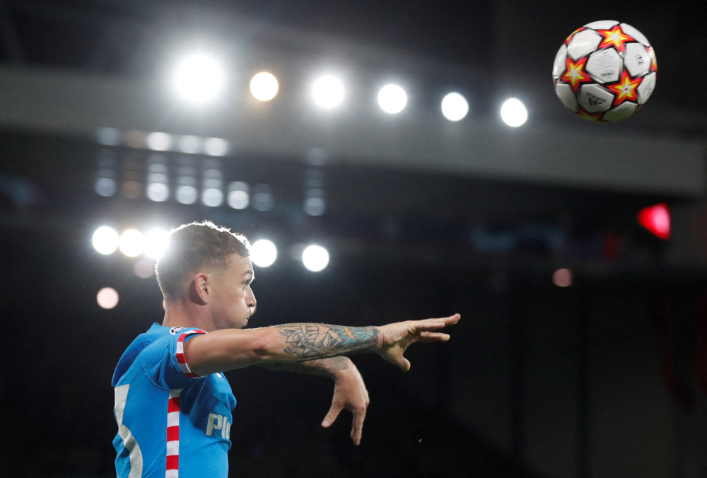 Atletico Madridu00e2u20acu2122s Kieran Trippier in action during the Champions League Group B match against Liverpool at Anfield, Liverpool, Britain, November 3, 2021. u00e2u20acu201d Action Images via Reuters