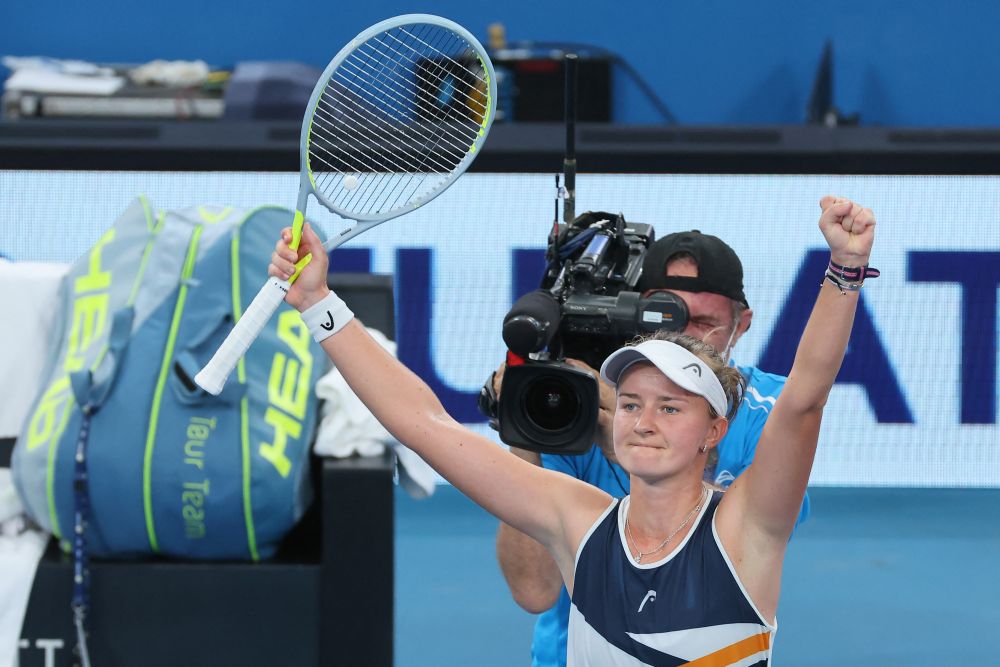 nBarbora Krejcikova of Czech Republic celebrates victory in her women's singles semi-final match against Anett Kontaveit of Estonia at the Sydney Classic January 14, 2022. u00e2u20acu201d AFP picn