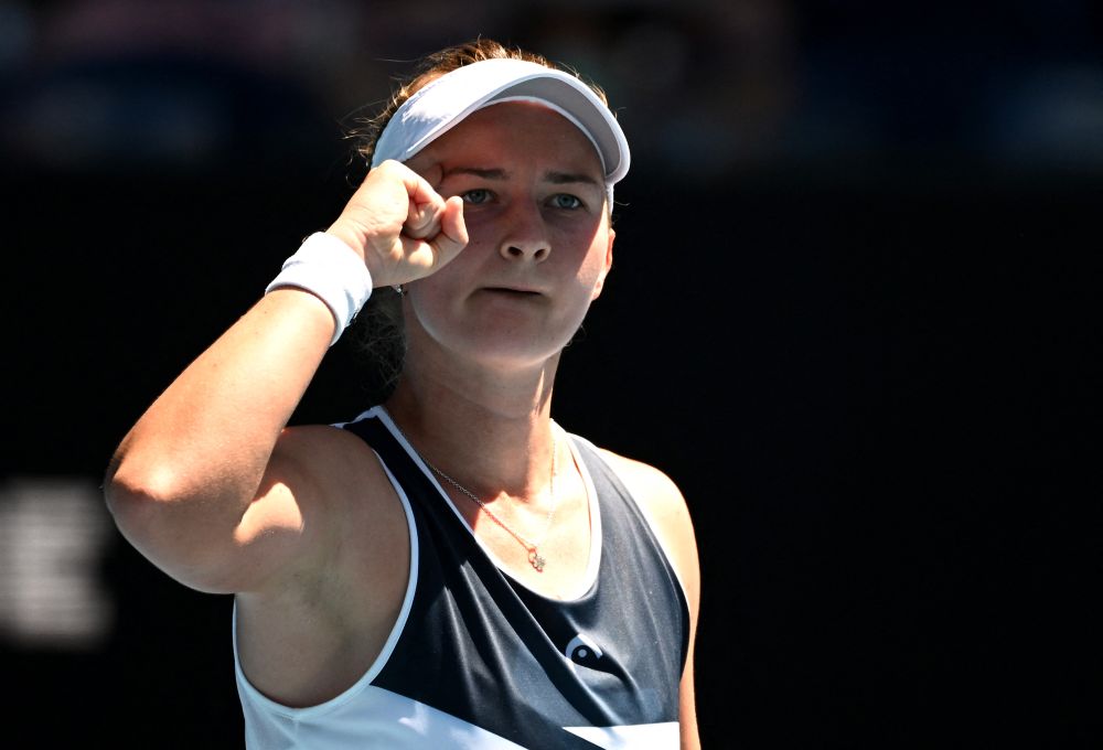 Czech Republic's Barbora Krejcikova celebrates winning her Australian Open third round match against Latvia's Jelena Ostapenko at Melbourne Park January 21, 2022. u00e2u20acu201d Reuters picnn