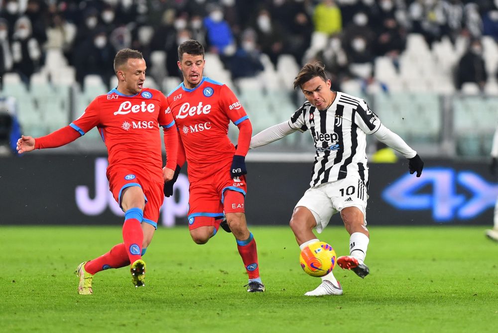 Juventus' Paulo Dybala in action with Napoli's Diego Demme at the Allianz Stadium, Turin January 6, 2022. u00e2u20acu201d Reuters pic
